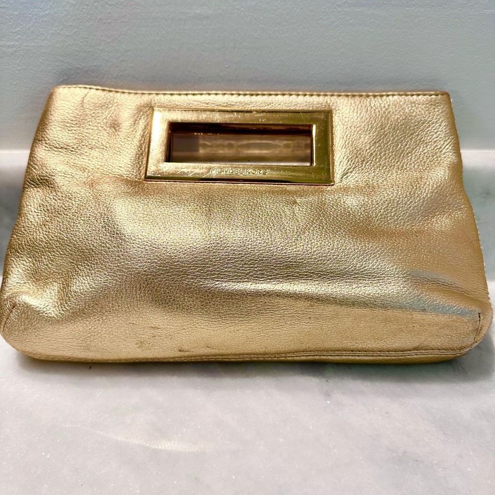 Michael Kors Pebbled Gold Leather Berkley Clutch Handbag Purse